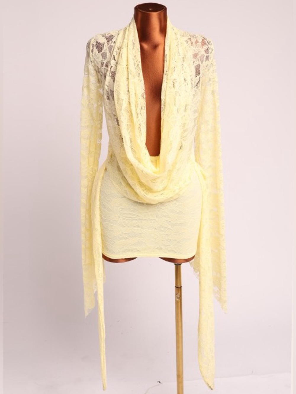Delicate Yellow Lace Drape Front Mini Dress